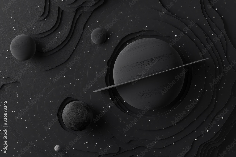 Poster abstract black and white ing of planets in outer space with textures and intricate patterns, represe