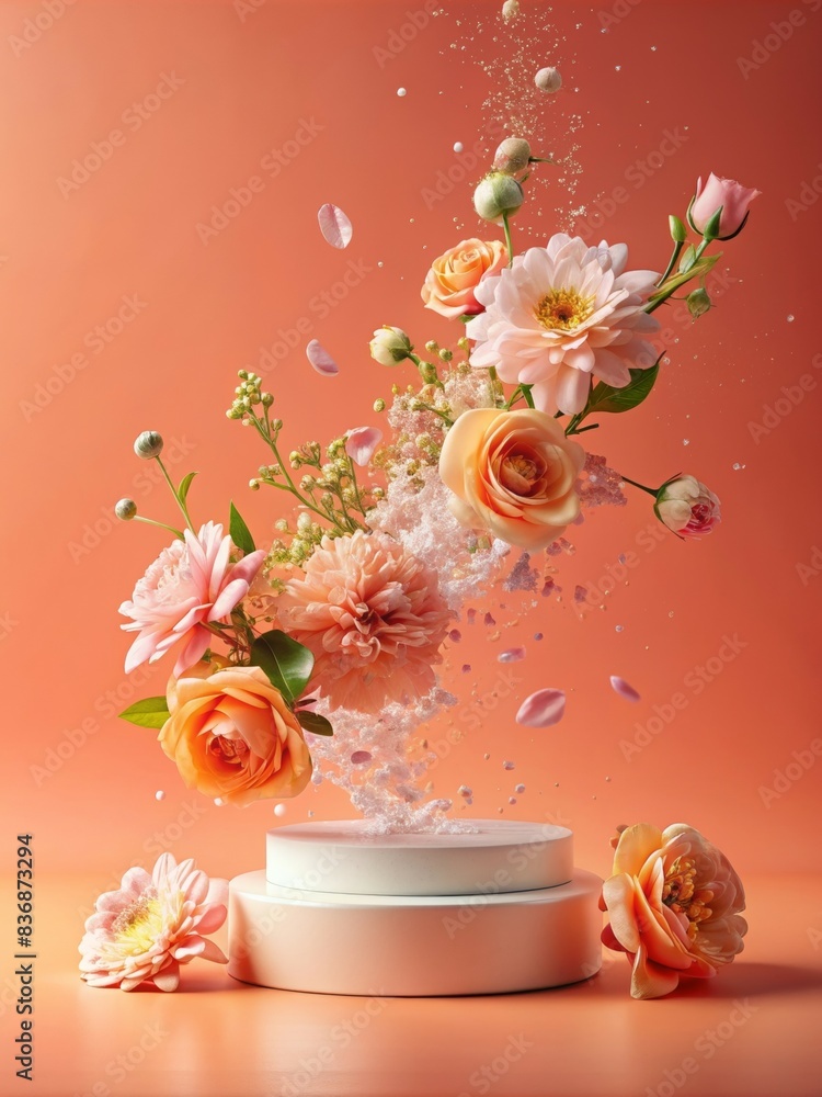 Poster elegant round podium for product display with floating floral arrangement on coral background - perf
