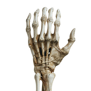 Detailed image of a human hand skeleton showing bones and structure, isolated on a white background.