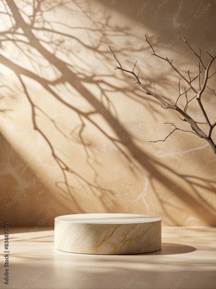 Poster elegant round marble podium for product display with natural shadows and branches in minimalist sett
