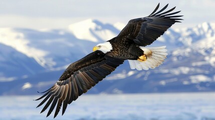 Obraz premium Majestic bald eagle soars through air, displaying its powerful wings and sharp gaze against blurred mountainous background. eagle's striking features and graceful flight embody strength and freedom