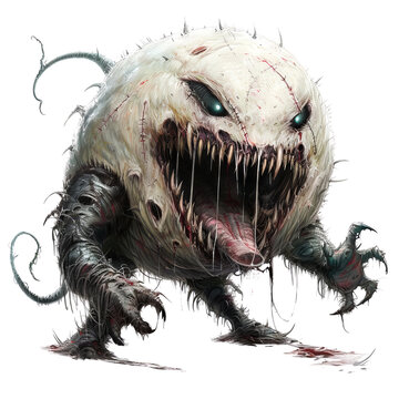 Fierce monstrous creature with sharp teeth and claws, fantasy horror, digital art depiction, scary white monster with menacing eyes.