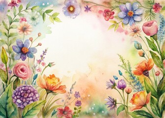 Colorful Watercolor Floral Frame with Various Flowers and Leaves on a Light Background, Perfect for Invitations, Greeting Cards, and Artistic Projects