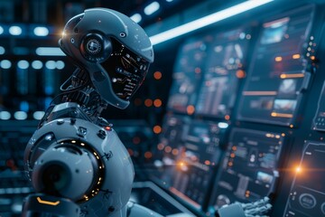 Modern humanoid robot standing amidst advanced technological equipment