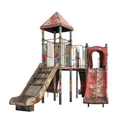 Old abandoned playground structure with weathered slides and stairs, featuring rusty, chipped paint and signs of decay.