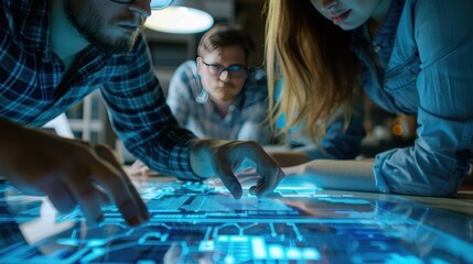 Close-up of Employees collaborating on a start-up project with a digital interface