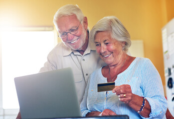 Senior couple, credit card and laptop for ecommerce, online shopping or subscription in retirement...