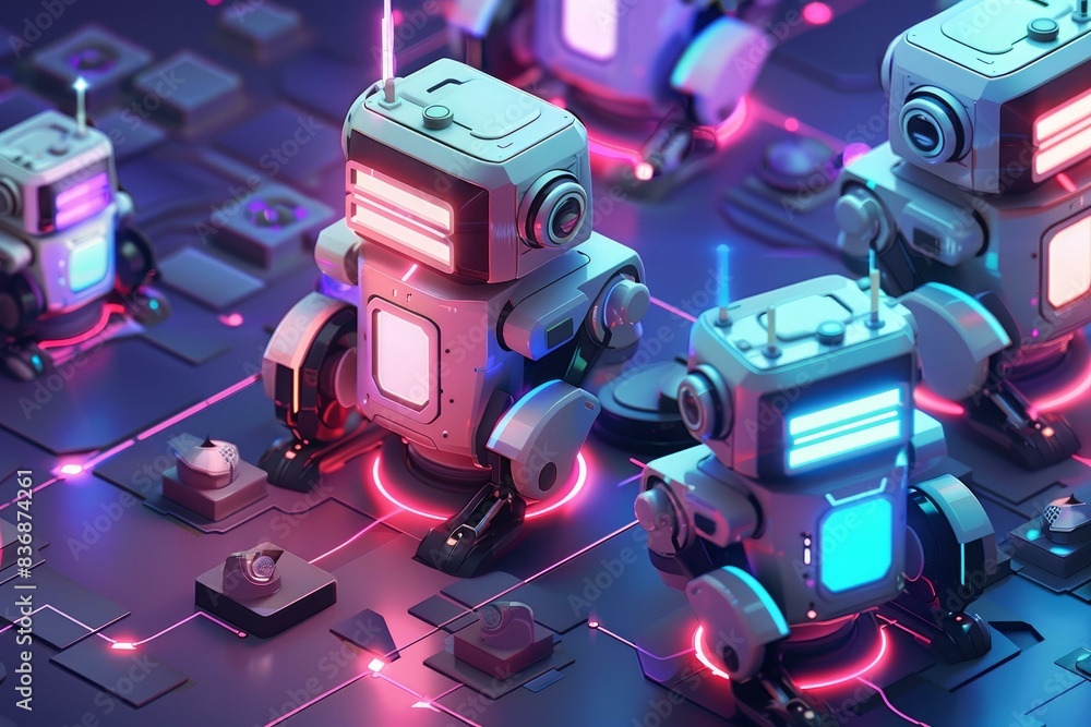 Poster digital art image showcasing an array of advanced robots on an illuminated assembly line