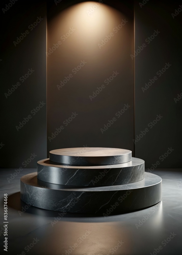 Poster elegant round podium for product display in modern minimalist setting with dramatic lighting and dar