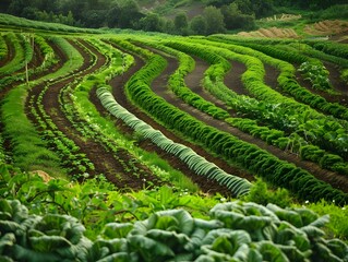 Lush Green Field with Rows of Diverse Sustainable Crops and Farming Landscape