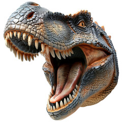 Obraz premium Realistic T-Rex dinosaur head with fierce open mouth and sharp teeth, isolated on a white background.