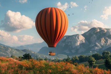 Obraz premium Idyllic hot air balloon floats gracefully above a vibrant wildflower field with majestic mountains