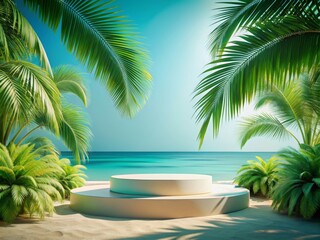 Fototapeta premium Elegant Round Podium for Product Display on Tropical Beach with Palm Trees and Ocean Background, Perfect for Showcasing Cosmetics, Jewelry, or Tech Gadgets in a Serene and Exotic Setting