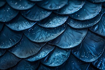 Obraz premium Close-up of blue fish scales with a textured pattern and sparkling water droplets, showcasing nature's intricate detail and aquatic beauty.