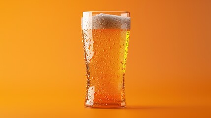 A chilled glass of IPA with a frothy head, droplets of condensation, set against a solid orange background, showcasing the hoppy and refreshing nature.