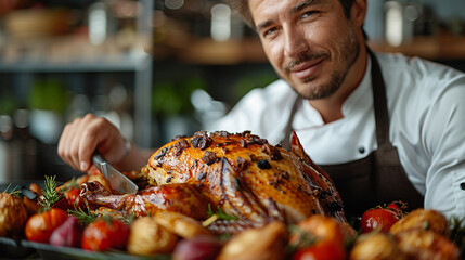 roast turkey presented for carving in a modern kitchen, christmas and thanksgiving celebraition concept, food industry