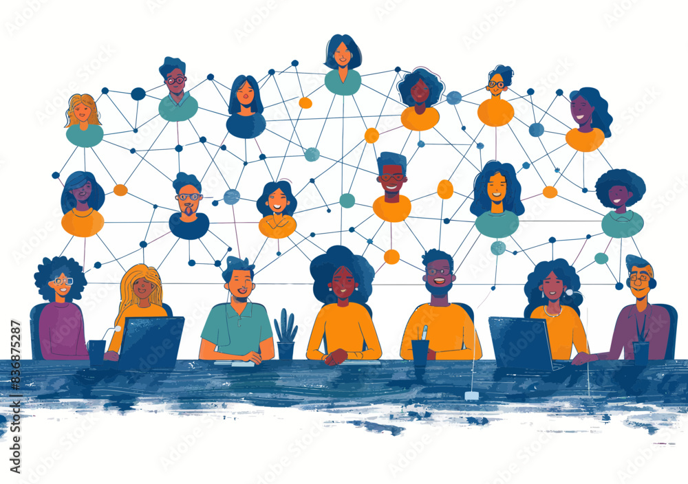 Poster minimalistic illustration of teleconferencing network communication with diverse team members in a b