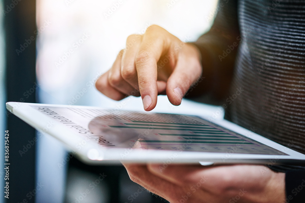 Poster businessman, hands and graphs on tablet for data analytics, growth or research for online report in 