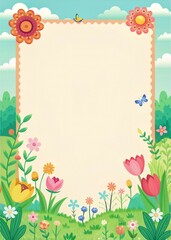 Obraz premium Colorful Floral Frame with Blank Space for Text, Featuring Vibrant Flowers, Butterflies, and a Sunny Sky Background, Ideal for Invitations, Greeting Cards, and Spring-Themed Designs
