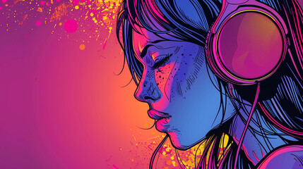 girl with headphones, vivid colours, pop art style dj theme