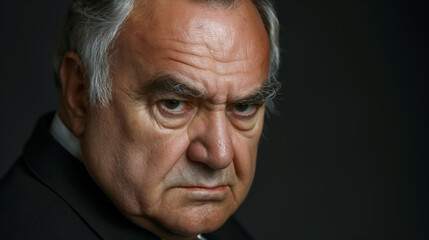 Obraz premium Stern, older man with silver hair and furrowed brows, wearing a suit, giving an intense, displeased look, set against a dark background.