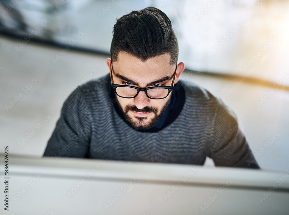 Aufkleber Computer, reading or man typing for IT support, engineering or problem solving online firewall in office. Technician, cybersecurity upgrade or programmer coding on web for troubleshooting in startup
