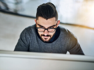 Computer, reading or man typing for IT support, engineering or problem solving online firewall in...