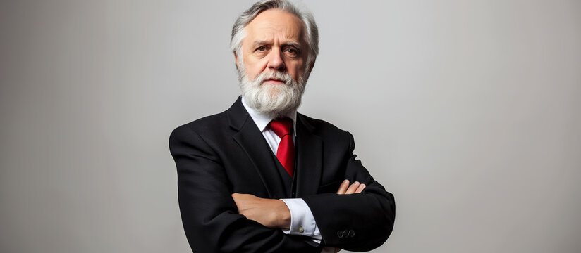 Older man with a white beard and gray hair, wearing a suit and red tie, stands confidently with his arms crossed against a plain background, exuding authority and professionalism.