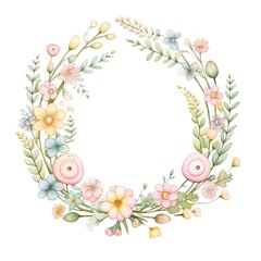 A cute pastel wreath watercolor painting texture, Perfect for nursery art and children's book illustration style, simple, cute, full color, clipart
