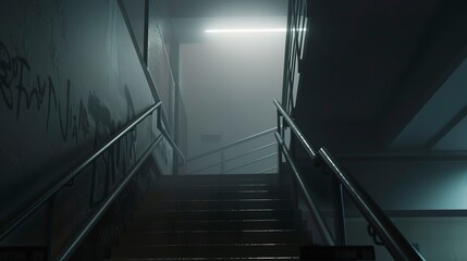Fototapeta premium Close view of a foggy hospital staircase, no people, eerie ambiance, twilight
