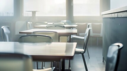 Empty hospital cafeteria, close-up in thick fog, no humans, soft focus, dawn light 