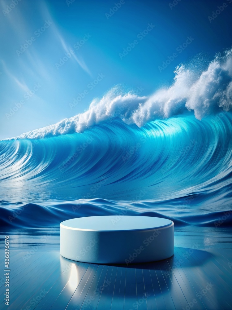 Poster elegant round podium for product display with stunning ocean wave backdrop, perfect for modern and m