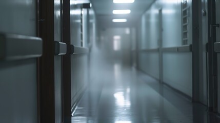 Close-up of a foggy hospital hallway, abandoned, soft focus, late night light 