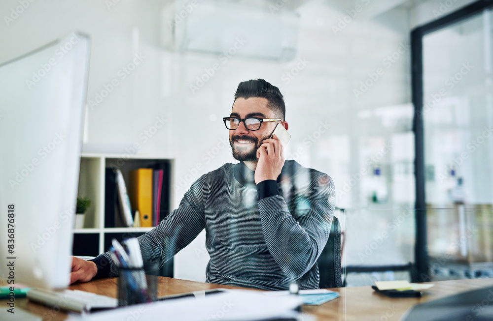 Poster businessman, phone call and computer in office for conversation, communication and networking. happy