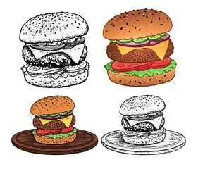Vector hand drawn sketchy illustrations collection of burger sandwich fast food meal with cutlet and cheese.