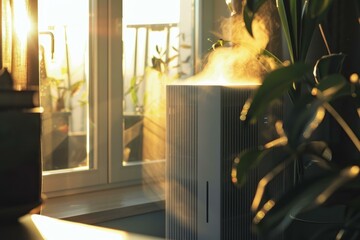 Sun rays penetrate a room, illuminating the steam from a modern humidifier near plants