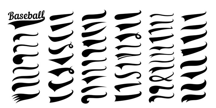 Swooshes text tails for baseball design. Sports swash underline shapes set in retro style. Swish typography font elements for athletics, baseball, football decoration. Black swirl vector line