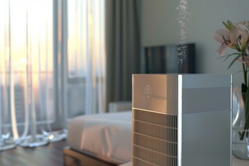 Air purifier operating in a welllit bedroom during sunrise, offering a clean and tranquil environment