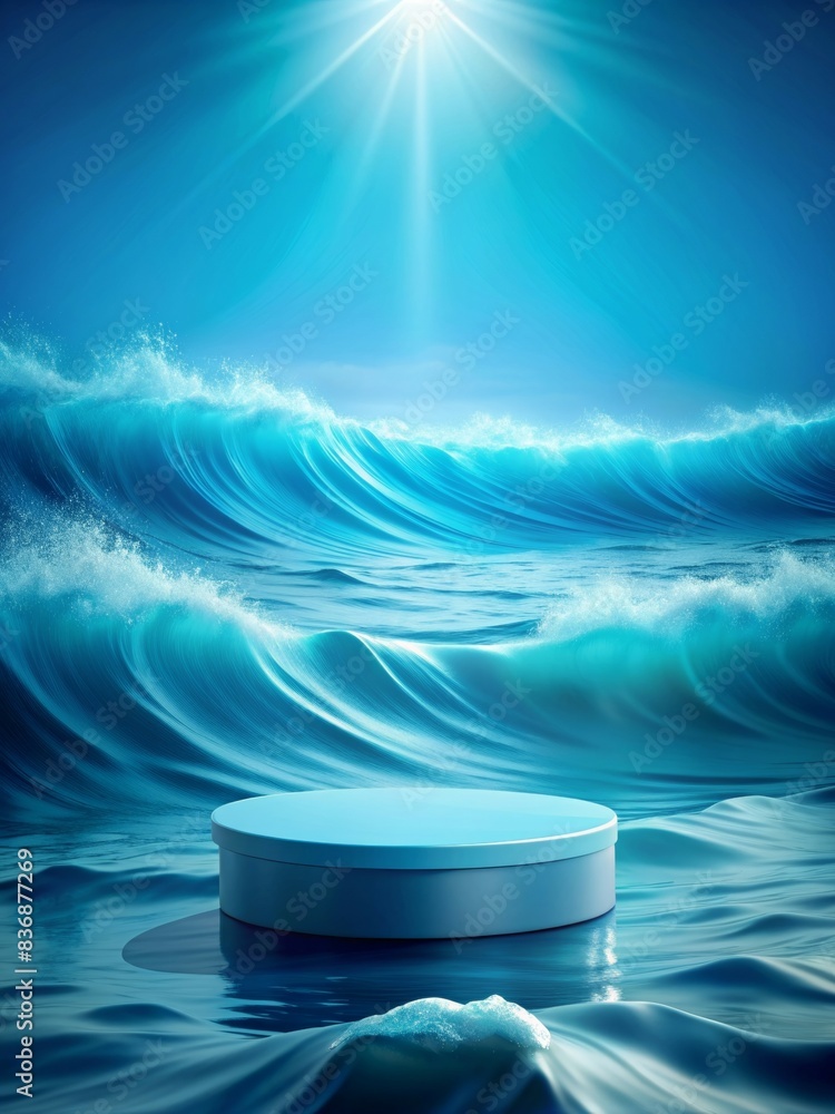 Aufkleber elegant round podium for product display in a surreal ocean setting with waves and sunlight