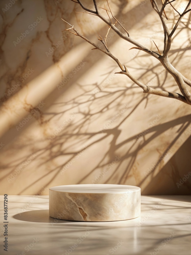 Poster elegant round marble podium for product display with natural branch shadows in minimalist setting