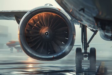 Fototapeta premium Detailed view of a jet engine on an airplane's wing at a foggy airfield