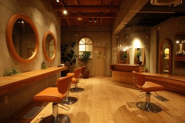 Elegant hairdressing salon setup showcasing stylish chairs and mirrors, enhanced by ambient lighting