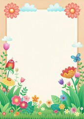 Colorful Floral Border with Cute Cartoon Insects and Flowers on a Blank Background for Kids' Invitations, Greeting Cards, and Posters