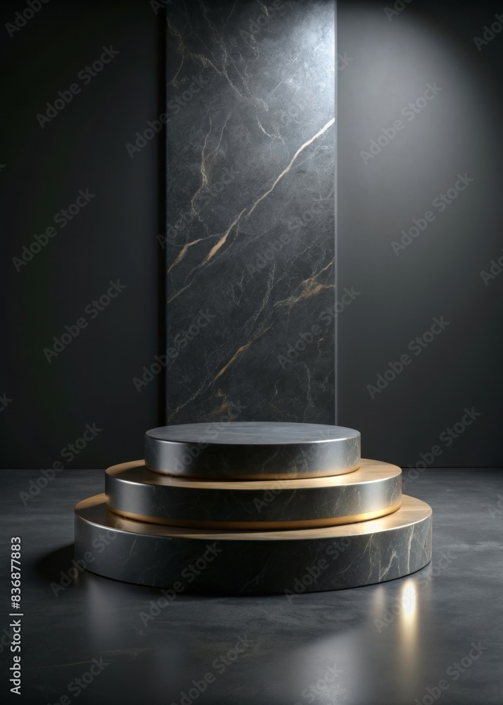 Poster elegant round podium for product display with marble texture and golden accents in modern minimalist