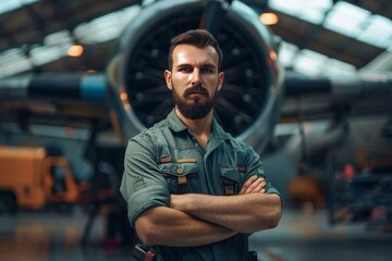 Selfassured male mechanic with crossed arms stands in front of an airplane engine