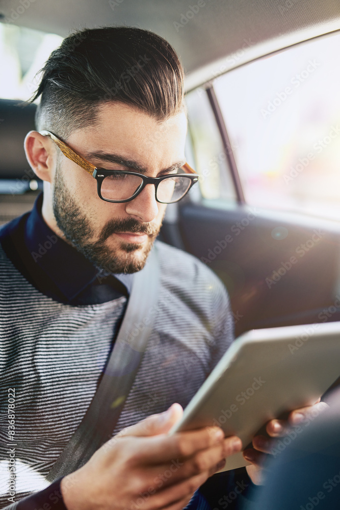 Poster tablet, businessman and reading in car for networking, streaming and communication in city. connecti