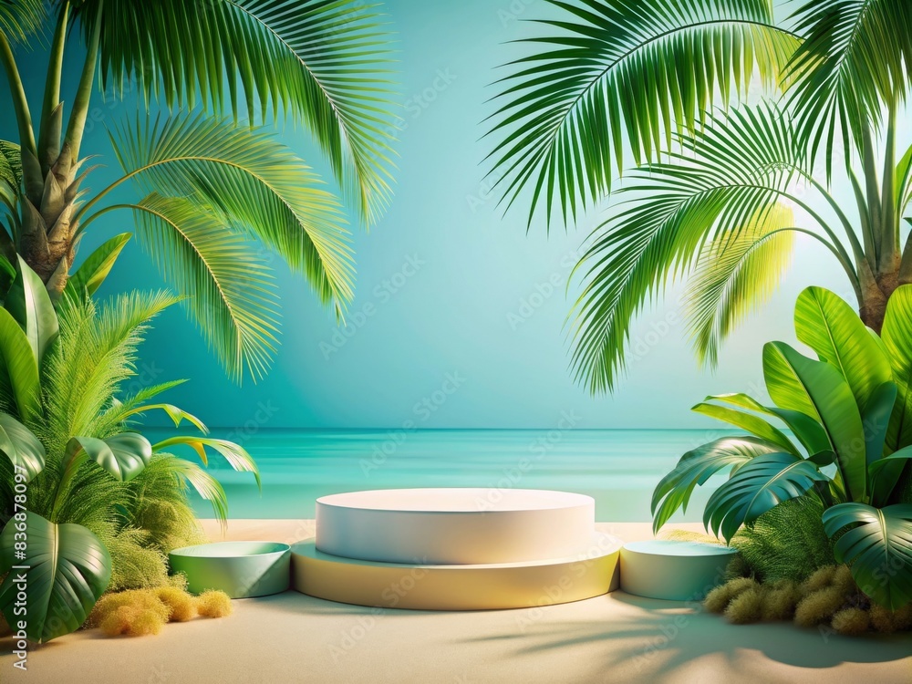 Poster tropical round podium for product display on beach with palm trees and ocean background - ideal for 