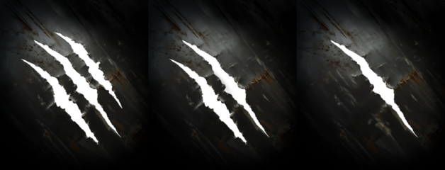 menacing claw marks on a dark steel texture background. Transparent PNG background. Monster, tiger, bear, or any beast in general. With hole tear on metal surface. Steel, metal, iron. Set 02