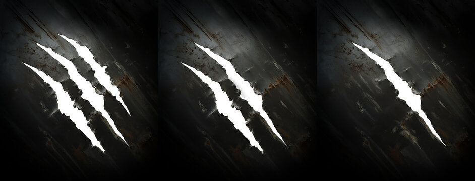 menacing claw marks on a dark steel texture background. Transparent PNG background. Monster, tiger, bear, or any beast in general. With hole tear on metal surface. Steel, metal, iron. Set 02