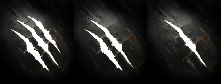 menacing claw marks on a dark steel texture background. Transparent PNG background. Monster, tiger, bear, or any beast in general. With hole tear on metal surface. Steel, metal, iron. Set 02
